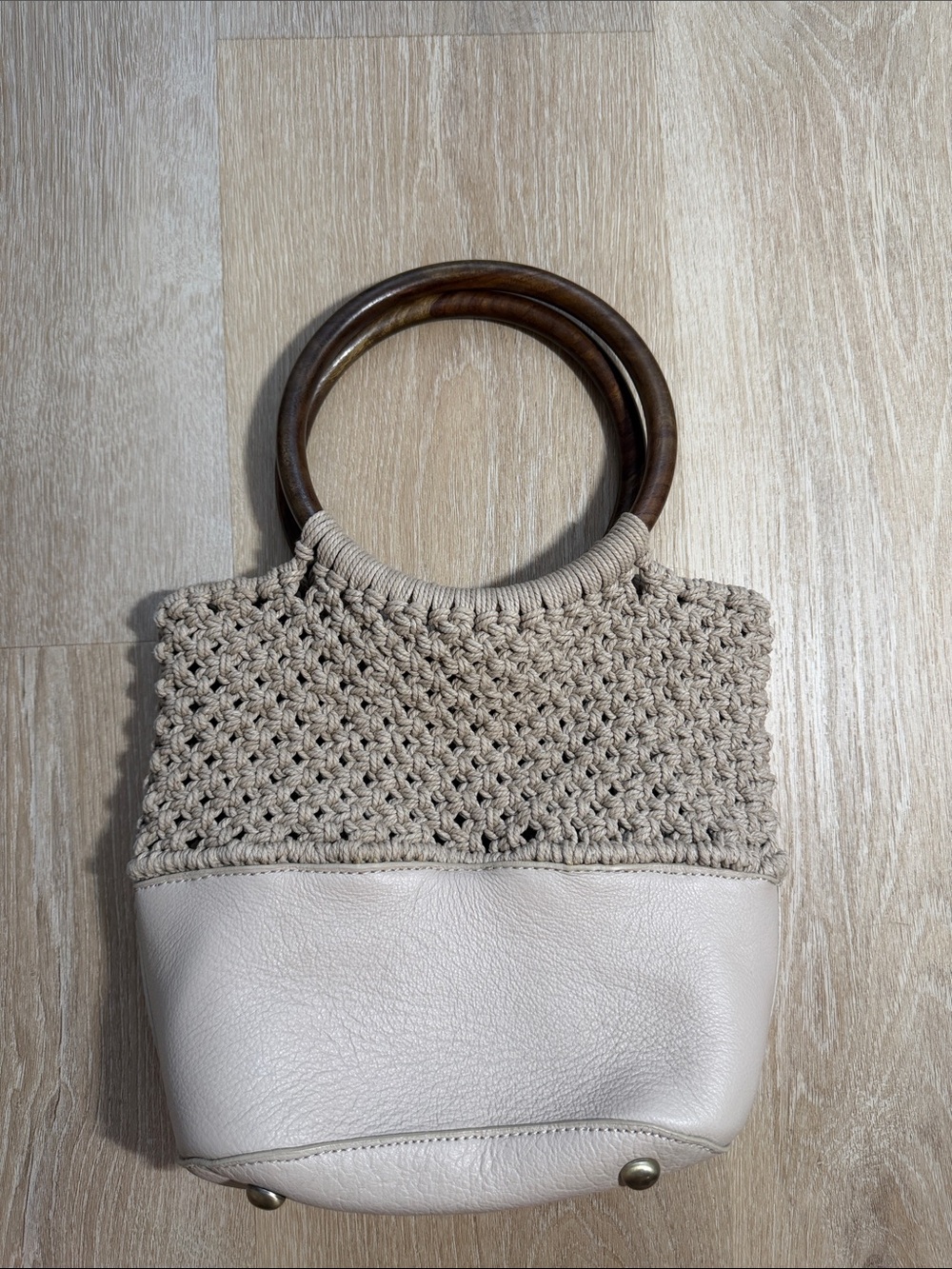Elaine Lewis Dune Amelia crochet leather bag with wooden handles